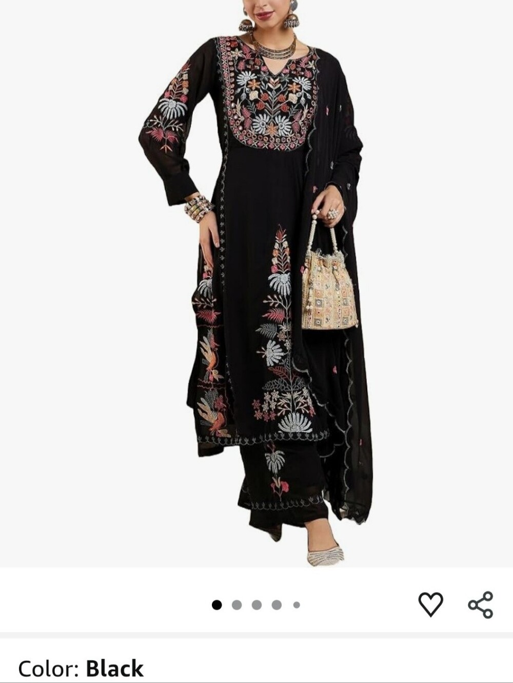 Black Embroidered Floral Kurta Set with Dupatta